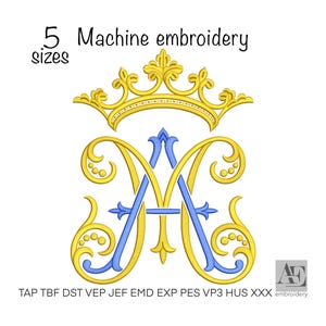Broderidesign med Mariamonogram, guldkrona, kristna katolska initialer för kyrkan, påskmönster, maskinbroderi, omedelbar nedladdning