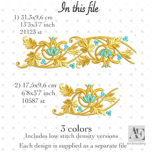 Puede incluir: Dos diseños de bordado floral en oro y turquesa. La imagen muestra patrones simétricos ornamentados con hojas, flores y bayas. Los diseños miden 31,3x9,6 cm y 17,5x9,6 cm. El texto "In this file" está en la parte superior.