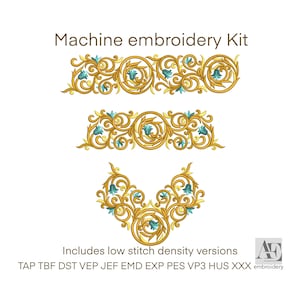 May include: Machine embroidery kit with three gold and teal ornate designs. The designs include two horizontal border patterns and a V-shaped corner design. The text "Machine embroidery Kit" and other technical details are also included.