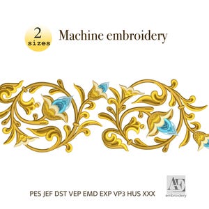 Puede incluir: Un diseño de bordado a máquina con un patrón de volutas doradas horizontales y detalles florales en azul claro. El texto 2 sizes y Machine embroidery aparece arriba, con los formatos PES JEF DST VEP EMD EXP VP3 HUS XXX abajo.
