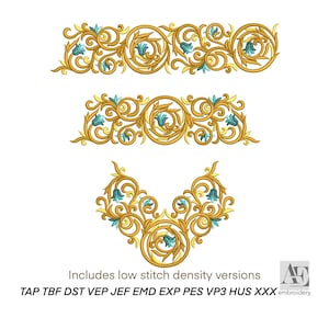 Pode incluir: Três desenhos de bordado dourados ornamentados com detalhes turquesa e amarelos. Os desenhos incluem duas bordas horizontais e um desenho inferior curvo. O texto "Includes low stitch density versions" está na parte inferior, junto com abreviações de tipos de arquivos de bordado.