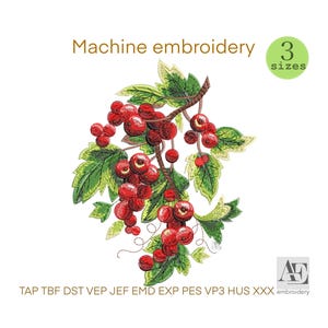 Red Currant Machine Embroidery Design, Botanical Berry Branch Pattern, Christmas pattern, Instant Download DST, PES, JEF