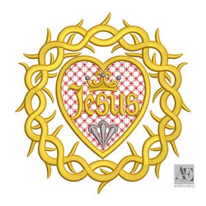 May include: An embroidery design featuring a golden crown of thorns encircling a heart. The heart has a red cross-stitch pattern, the word Jesus in gold, a small golden crown, and three silver nails at the bottom. AE embroidery logo is visible.