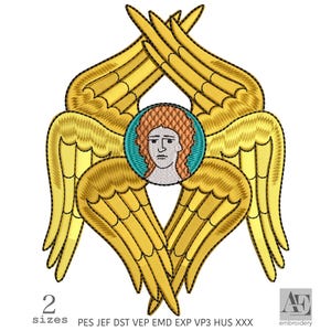 May include: An embroidery design featuring a central human face with reddish-brown hair inside a teal circle, surrounded by six large, golden-yellow wings with black outlines. The text 2 SIZES PES JEF DST VEP EMD EXP VP3 HUS XXX appears below.