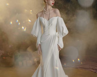 Off Shoulder Mermaid Wedding Gown: Satin Cocktail Dress