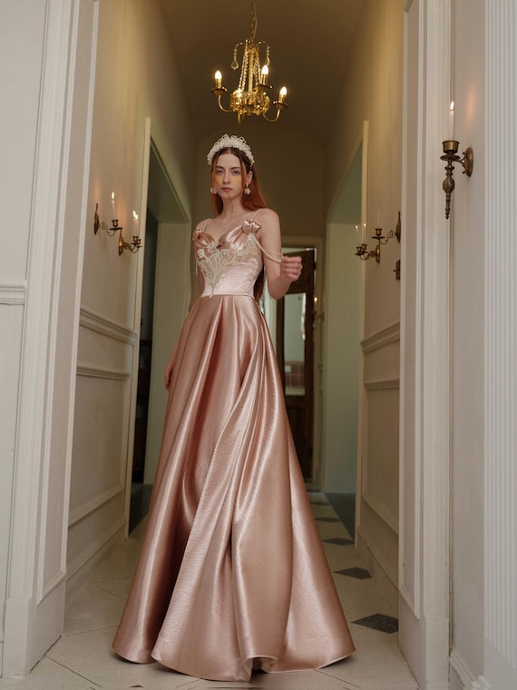 Pink Satin A-line Evening Dress: Pearl Gemstone Sling Wedding