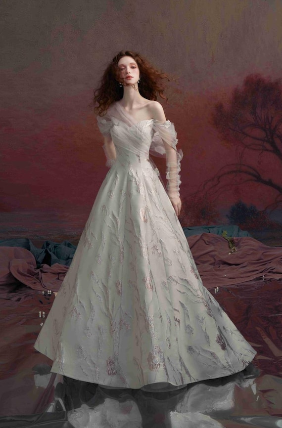 One Shoulder Wedding Gown: Tulip Jacquard Lace Sleeve Bridal Dress