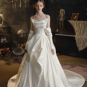 Off Shoulder Bridal Gown, Bandeau Bridal Gown, Cocktail Dress, Evening Gown, Satin Wedding Dress, Round Train Dress, Ivory Wedding Dress