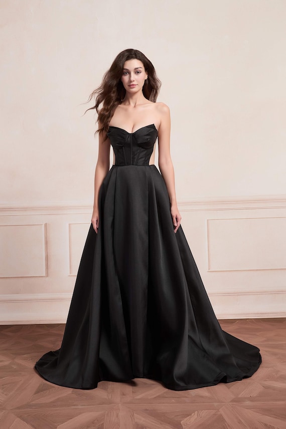 Mikado Satin Black Evening Gown: Long Trailing Split Prom Dress - Etsy Mikado Satin Black Evening Gown: Long Trailing Split Prom Dress - Etsy