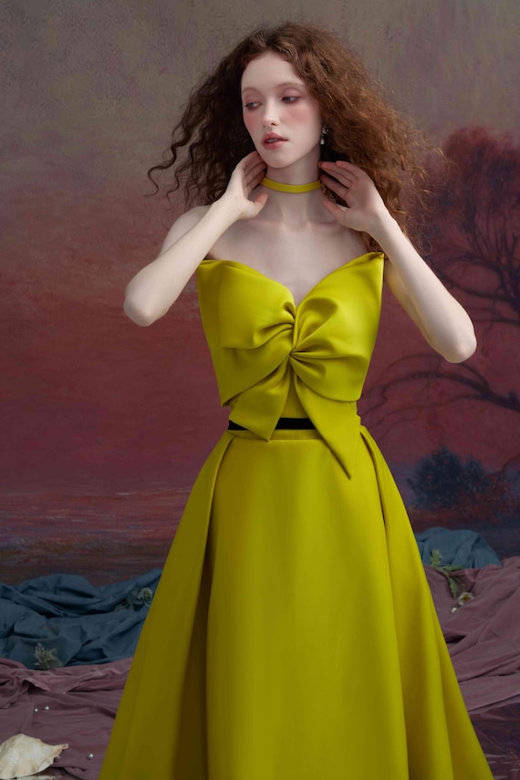 Yellow Satin Evening Dress: Strapless Prom Gown with Bow