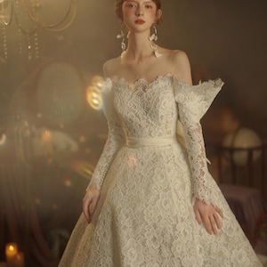 Lace Wedding Dress, A-line Off Shoulder Bridal Gown, Bandeau Bridal Gown, Round Train Dress, Light Ivory Wedding Dress, Pearl Wedding Dress
