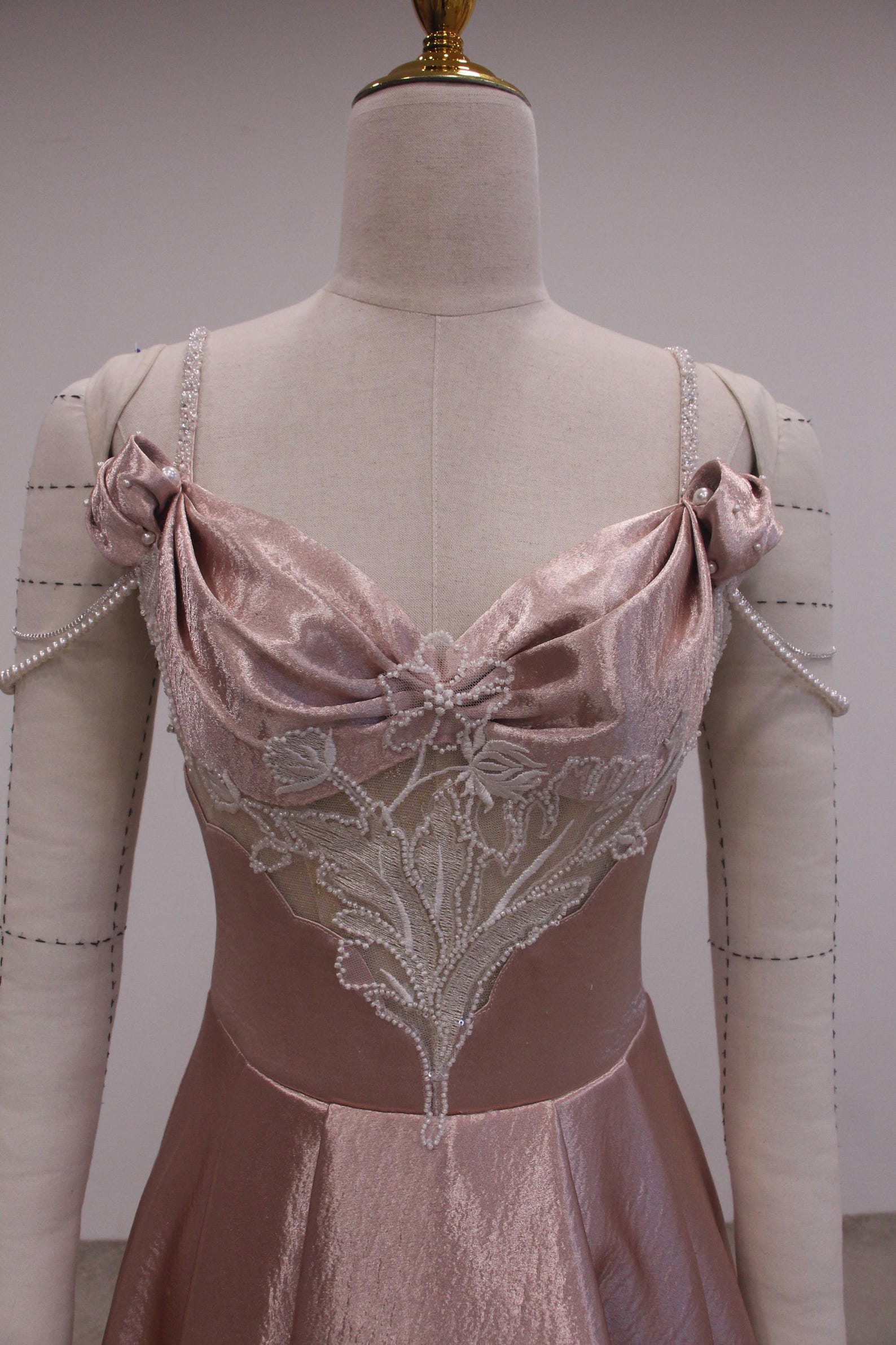 Satin Long Gown with Ruffled Sash Detail Pearl Pink