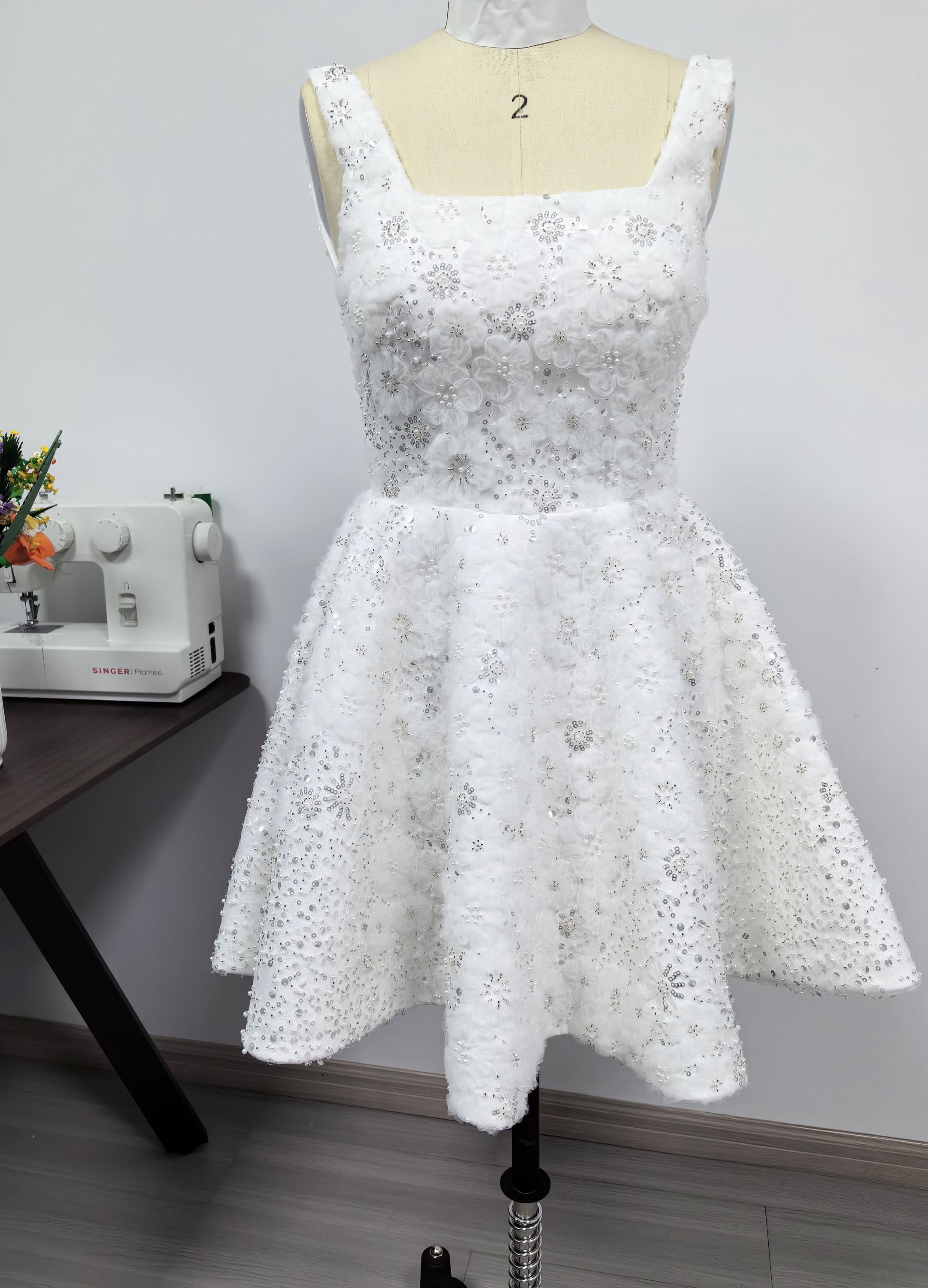 tea length ivory wedding dress Tea Length Sleeves Ethereal Modern A-Line V-Neck Button Back Wedding Dress, Diamond White / 4