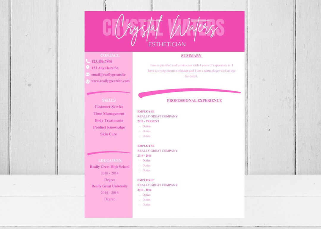 Pink Resume Template Canva 1 Page |pink Professional Resume Canva ...