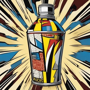 Könnte beinhalten: Ein Cocktailshaker im Pop-Art-Stil mit silbernem Deckel und Boden. Der Körper des Shakers ist mit geometrischen Formen in Rot, Gelb, Blau und Weiß gefüllt. Der Hintergrund zeigt einen Ausbruch gelber und blauer Linien.