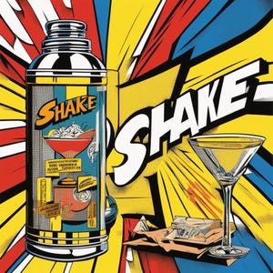 Könnte beinhalten: Pop-Art-Illustration mit einem Cocktailshaker mit dem Wort "SHAKE" in fetten Buchstaben. Ein Martiniglas und eine kleine Packung sind ebenfalls vorhanden. Der Hintergrund ist ein Ausbruch von Gelb, Rot und Blau.