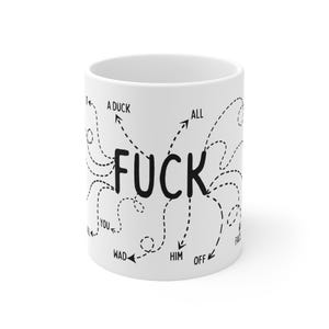 Keramische mok, ondeugende quote-mok met een lijst van alle versies van het woord F*ck, grappig koffiekopje, godslastering cadeau, vloekwoordmok, beledigend taalgebruik