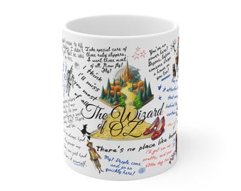 Taza de cerámica del Mago de Oz: citas manuscritas e imágenes de personajes