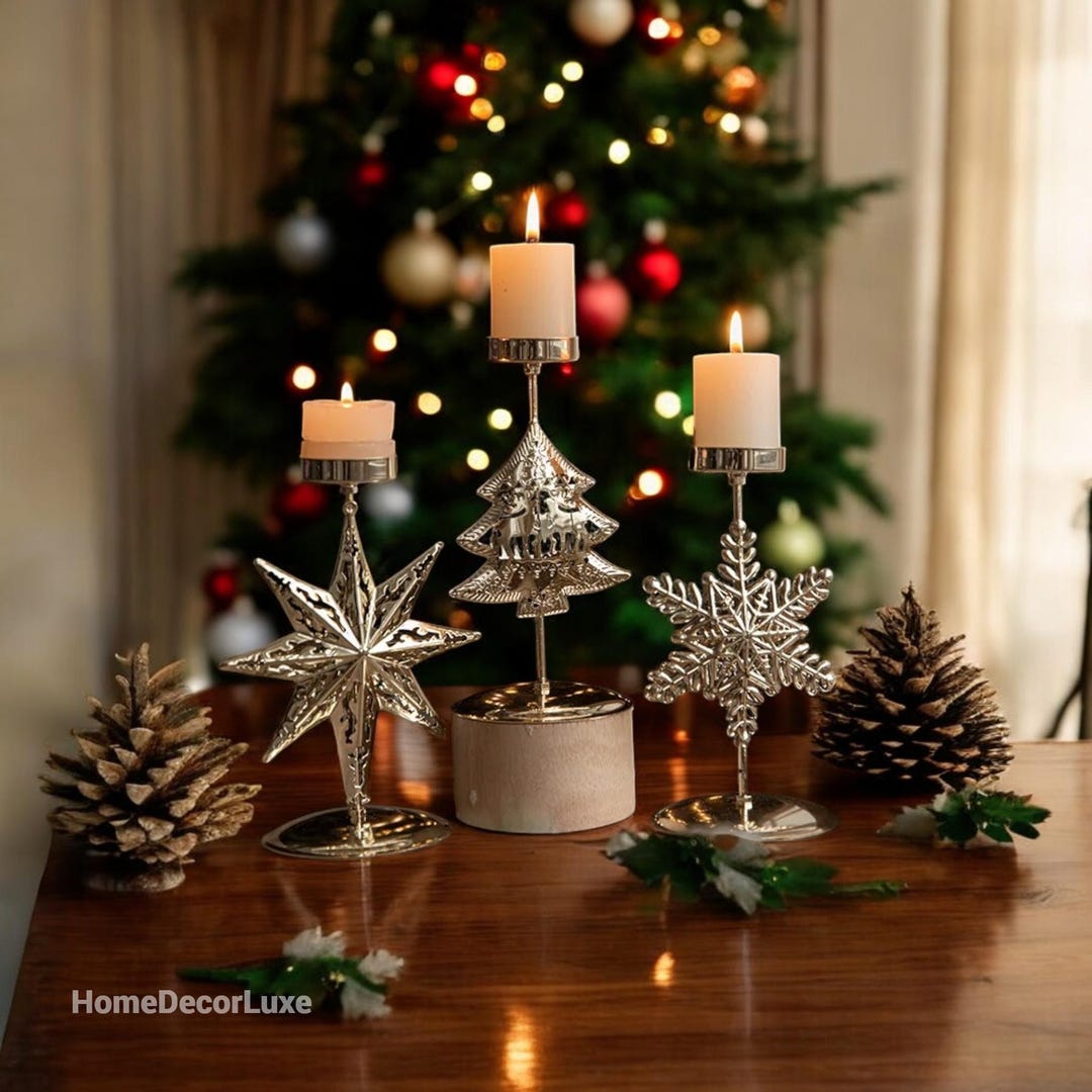 Gold Christmas Candle Holder With Star & Tree Design, Festive Holiday ...