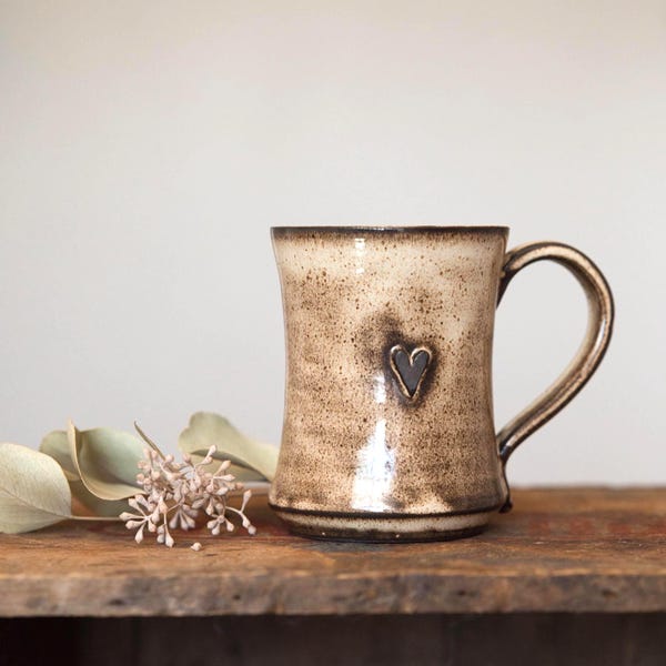 Handmade Stoneware Pottery Mug Set: Creamy Mocha Glaze, Heart Detail, 12 oz