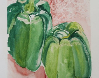 Green Pepper Still Life with Red Crackle Background