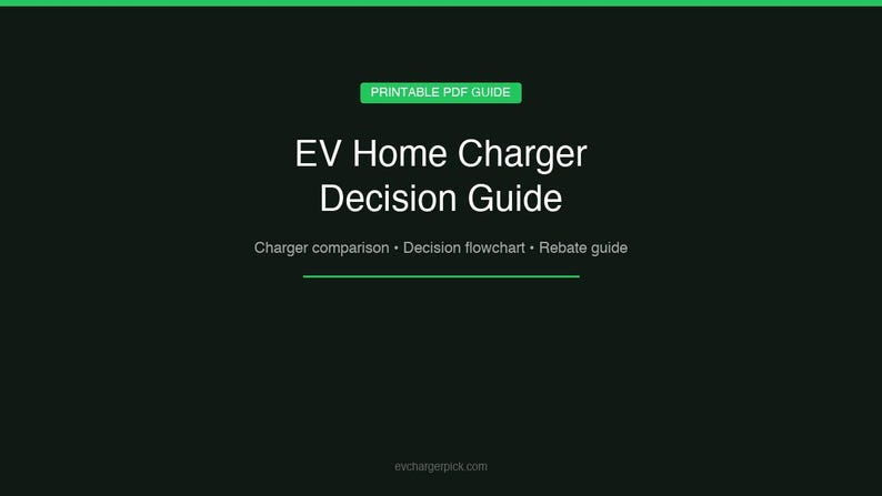 May include: A dark green graphic with the text "PRINTABLE PDF GUIDE" in a green rectangle. The title "EV Home Charger Decision Guide" is in white, with the subtitle "Charger comparison &bull; Decision flowchart &bull; Rebate guide". The website address is at the bottom.