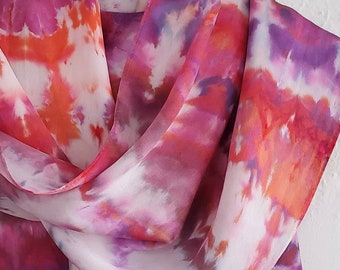 Ice Dyed Luxe Silk Satin Scarf - Long 14x72" Scarf - Purple and Coral Landscape - Hand Dyed in New Orleans by Megan Jewel