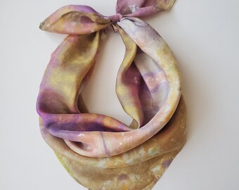 Ice Dyed Silk Bandana - 21" Square - Gold and Amethyst - Hand Dyed Bandana Scarf - Tie Dyed Silk