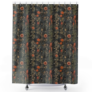 Moody Black Botanical Shower Curtain, Dark Academia Cottagecore, Vintage Apothecary Herbs & Plants, Eclectic Maximalist Bathroom Deco
