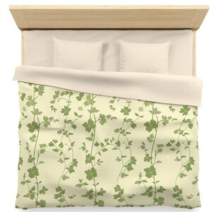 Dekbedovertrek bloemen, beddengoed met groen bladpatroon, dekbedovertrek met botanische print, op de natuur geïnspireerd slaapkamerdecor, elegante sprei, groene wijnstok