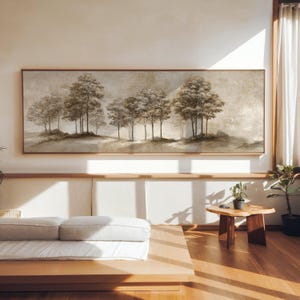 Cuadro mural de paisaje con árboles en tonos sepia, panorama natural minimalista, decoración de bosque en tonos neutros y tranquilos, lámina panorámica de gran formato de alta calidad para pared.
