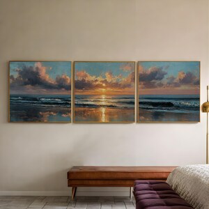 Set of 3 Panels, Ocean Sunset Seascape Wall Art, Dramatic Waves and Golden Sky, Square Wall Art Prints for Large Panoramic Display