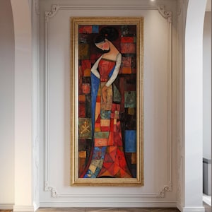 Colorful abstract woman portrait, geometric patchwork dress, modern cubist style wall decor, premium vertical long wall art print