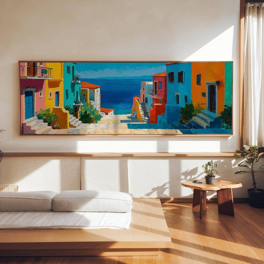 Colorful Mediterranean Seaside Village Wall Art, Bright Coastal Houses ...