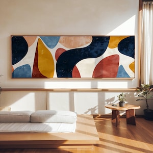 Peut inclure: Impression d'art abstrait horizontale encadrée de bois. L'œuvre présente des formes organiques aux couleurs marine, rouge, jaune et bleu sur fond blanc. Cette pièce est conçue pour apporter une touche moderne à tout espace de vie.