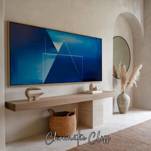 Arte murale geometrica astratta blu minimalista, design a triangolo e linea, stampa di alta qualità per interni moderni