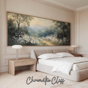 Prato etereo, paesaggio floreale da sogno, colline nebbiose, stampa di natura serena, campagna romantica, ispirazione impressionista, n. 0128