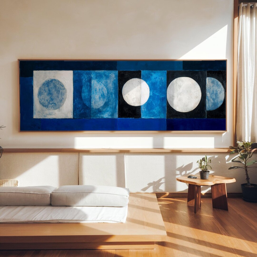 Abstract Moon Phases in Deep Blue Tones, Textured Geometric Night Sky ...
