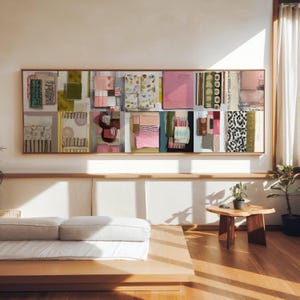 Abstract Paper Collage Set Wall Art, Pink Green Mixed Media Canvas Print, Playful Textured Decor, premium panoramic large wall art print