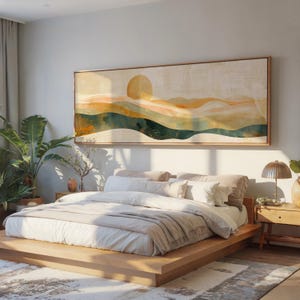 Hochwertiges Panorama-Wandbild, abstraktes Gemälde von Sonne und Wüstenwellen, Landschaft in warmen Erdtönen, moderne minimalistische Wohndekoration