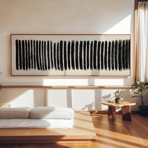 Abstrakte Wandkunst in Schwarz-Weiß, minimalistisches Pinselstrichmuster, modernes neutrales Dekor, hochwertiger Panorama-Kunstdruck in Großformat