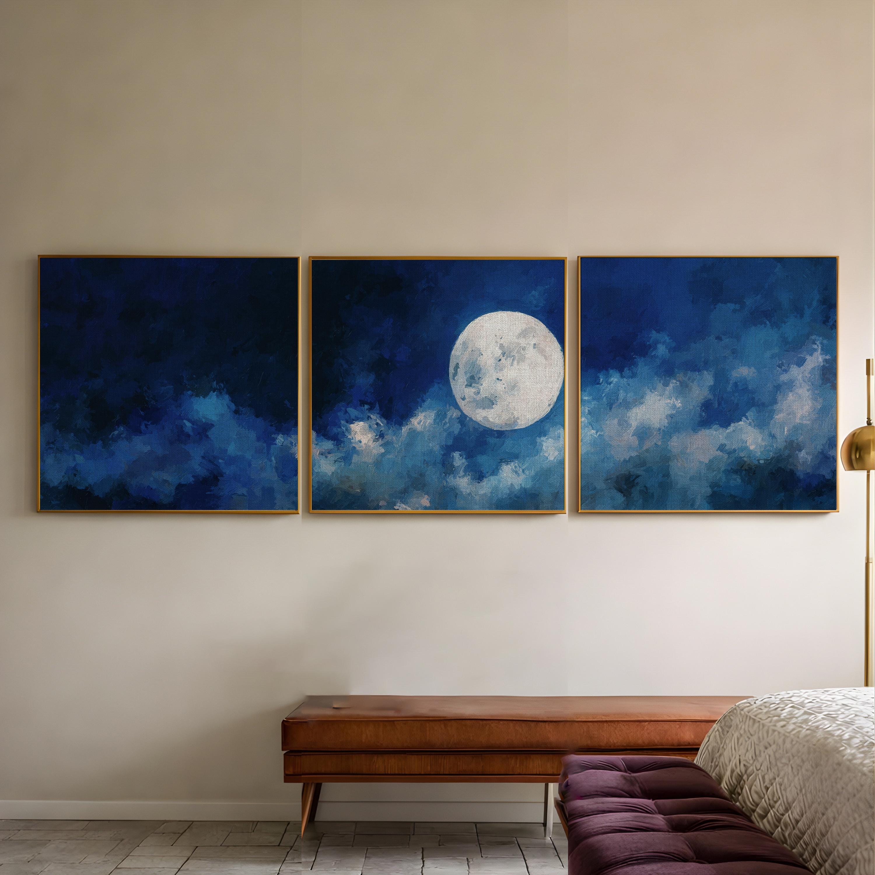 Set of 3 Panels, Moonlit Clouds Night Sky Wall Art, Deep Blue Celestial ...