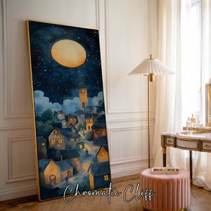 Accogliente villaggio al chiaro di luna, stampa ad acquerello di una notte stravagante, opera d'arte con cielo stellato da favola, paesaggio urbano da sogno, arte murale magica serale