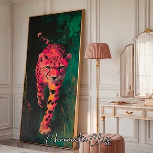 Dipinto di un ghepardo al neon vibrante, audace arte astratta della fauna selvatica, stampa moderna della giungla, ritratto di un animale feroce, pezzo unico