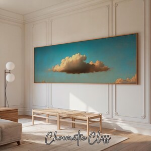 Nuvola solitaria, dipinto vintage con cielo azzurro, ampia panoramica, stampe di alta qualità, poster orizzontale su tela e cornice, n. 0124