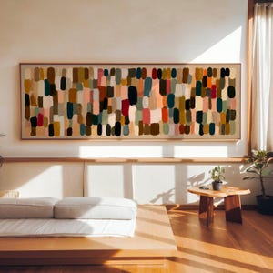 Arte de parede abstrata em blocos de cores, impressão em tela moderna com formato de pílula, decoração em tons terrosos, impressão panorâmica de alta qualidade para parede.