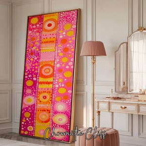 Decorazione murale con cerchi astratti rosa e arancioni, vivace dipinto del sole boho, stampa spirituale moderna per un arredamento colorato per la casa, stampa premium
