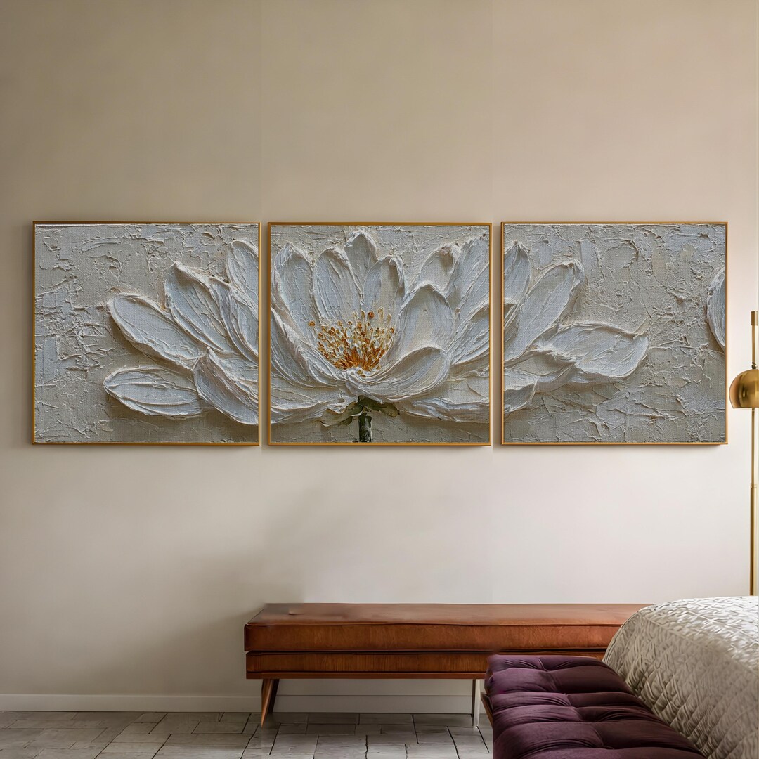 Set of 3 Panels, Neutral Textured Floral Wall Art, White Flower ...