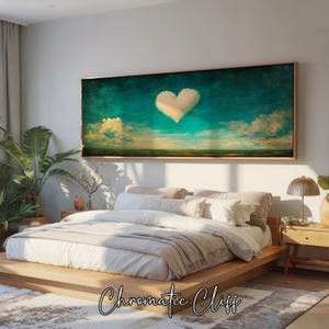 Nuvola a forma di cuore in un cielo sognante, stampa di alta qualità per decorazioni murali romantiche, dipinto di paesaggio surreale per interni accoglienti