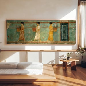 Ancient Roman fresco women procession classical wall painting antique figures and pottery scene, premium panoramic large wall art print